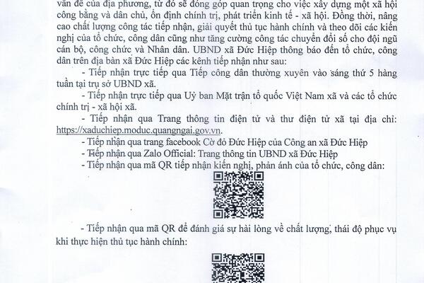 Thông báo các kênh tương tác giữa người dân với chính quyền địa phương xã Đức Hiệp